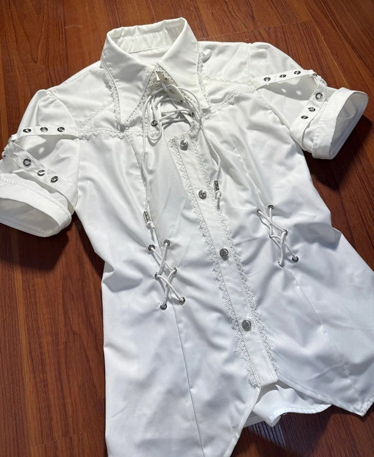 シャツ ホワイト ファッション ショートネックライン 袖 レースアップ ロリータ王子