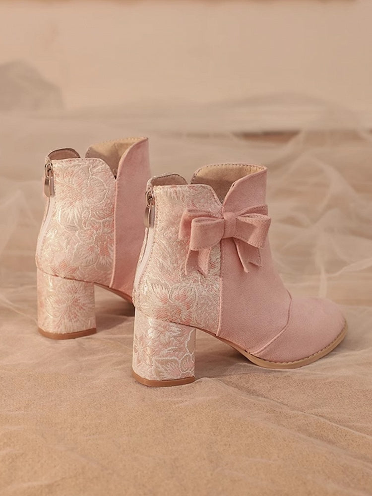 Heel Version Regular/Thicken Lolita with Bow Boots Qi Block Accent Satin Combination and Suede