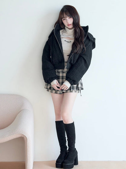 Hooded Fresh Black Jacket Knit Jirai Cable-Knit Kei Pattern