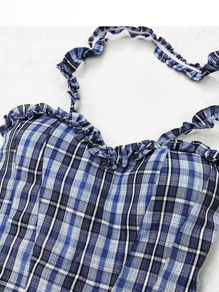 Y2K Top Plaid Neck WhiteBlue Pattern Glamorous Halter