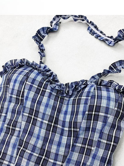 Y2K Top Plaid Neck WhiteBlue Pattern Glamorous Halter