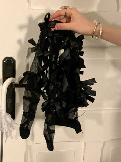 Crisscorss Details Overknee-Strümpfe mit Schleife und Bändern, Weiß/Schwarz