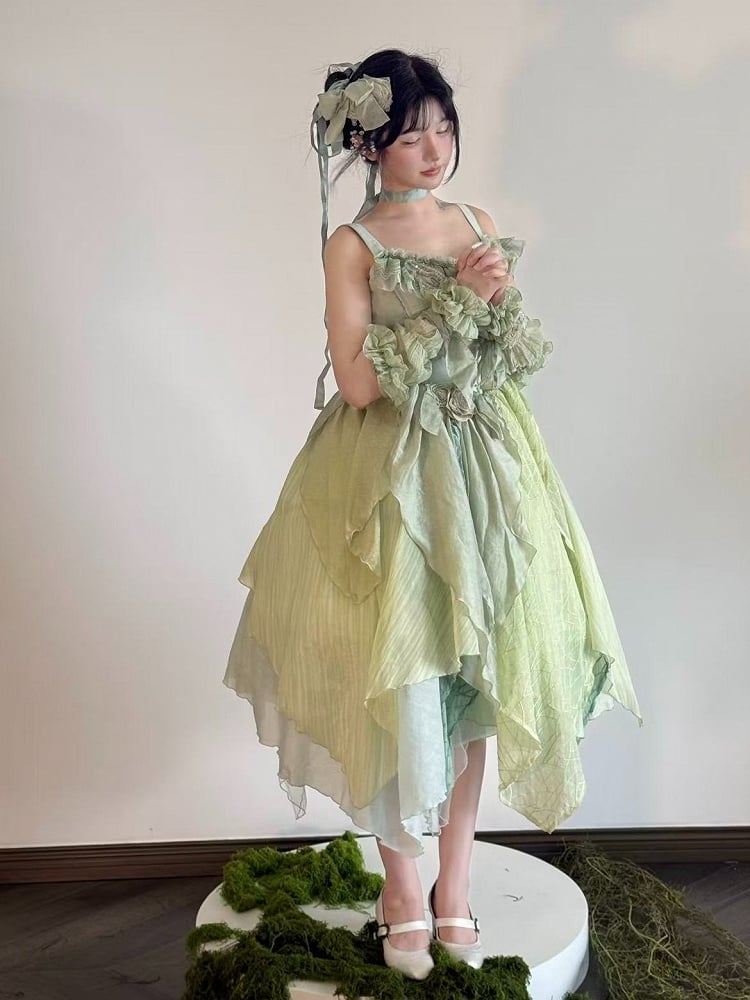 Green Butterfly Theme Lolita JSK with Asymmetrical Hem Sizes S-3XL - Sweet Wood Lolita