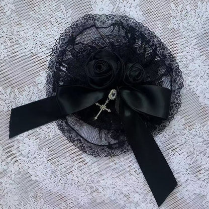 Rose Bow Hairclip with Cross Charm in Black - Ekomi