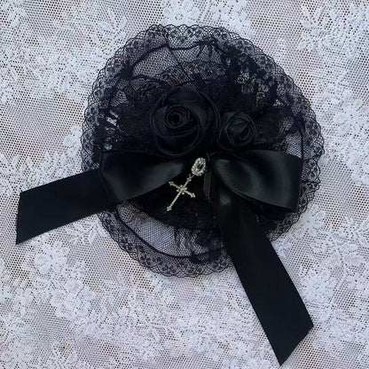 Black Rose Bow Hairpin with Cross Pendant - Ekomi