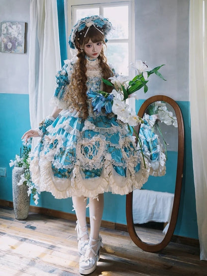 Floral Blue Edge with Hem Lolita Dress Print Scalloped Hime Lace