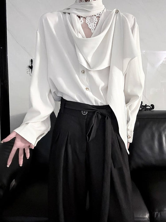 with Shirt Sleeve Elegant Long Scarf Neckline White