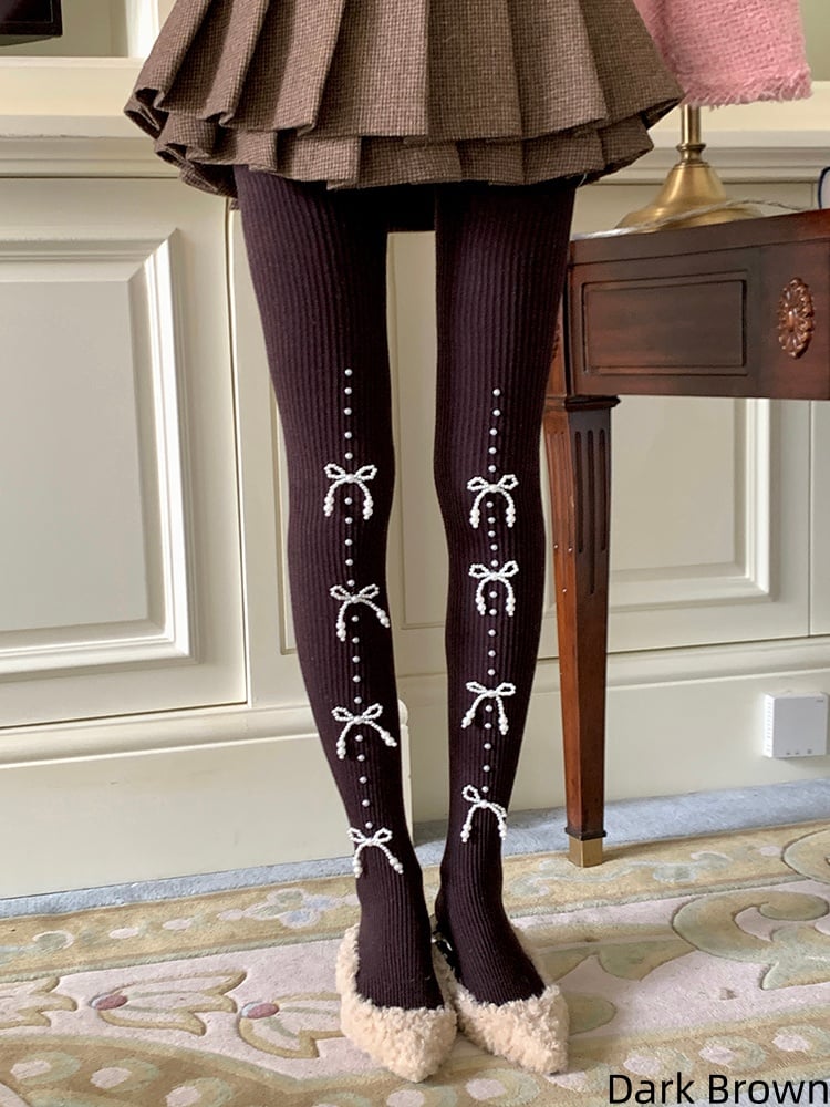 Bowknot Slim-Fit Beaded Tights with Warm Decoration 6 Colors