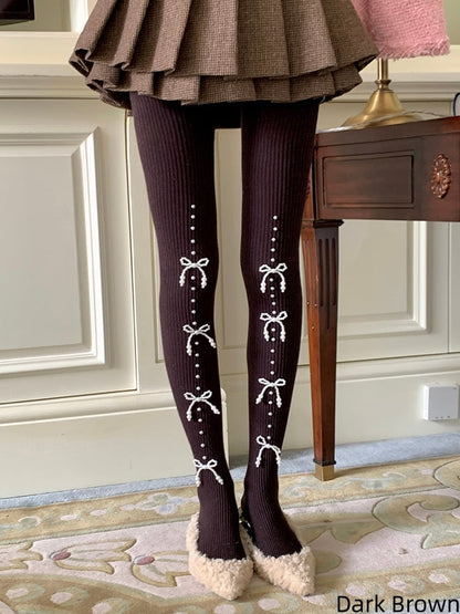 Bowknot Slim-Fit Beaded Tights with Warm Decoration 6 Colors
