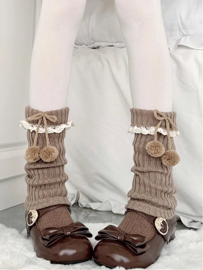 Ties Trim Warmers Pom-Pom Ribbed Lace Sweet Leg Brown (Cozy Style) with