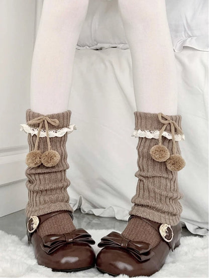 Ties Trim Warmers Pom-Pom Ribbed Lace Sweet Leg Brown (Cozy Style) with