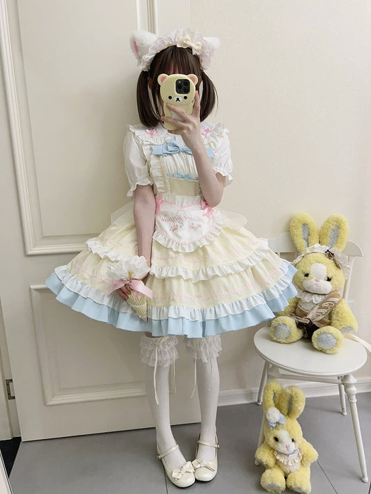 Yellow JSK Ruffle Bow Apron Maid Lolita + Dress Adorable Heart