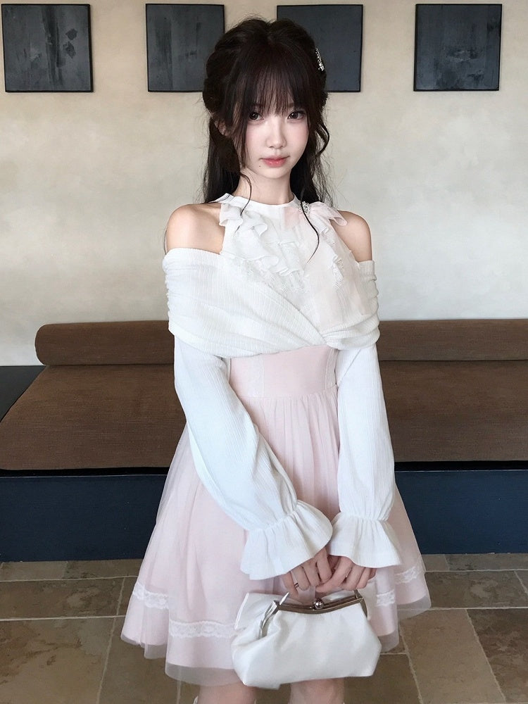 Seiso-kei Halter Off Shoulder Long Sleeve Mesh Dress in Pink and White with Ruffles and Bow Tie - LA LA JK