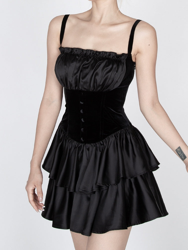 Gothic Schwarzer Stufenrock Vintage Cami Kleid