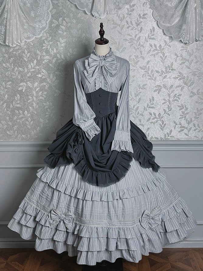 Blue Striped Tie Bow Ruffled Lolita Gray Blouse with