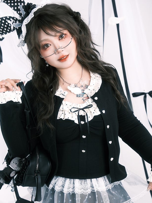 Plus Dot Buttons Cardigan with Polka Size Heart Trim Black Ruffle