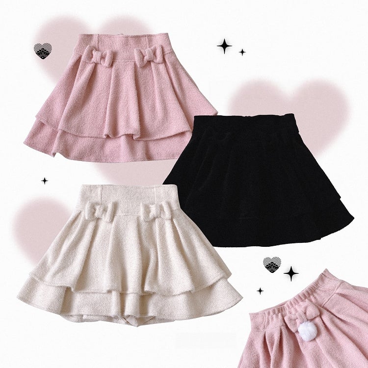 Double-Layer Pom-Pom Bow Skirt Jirai Kei Pink/Black/Off-White Ruffle Decor