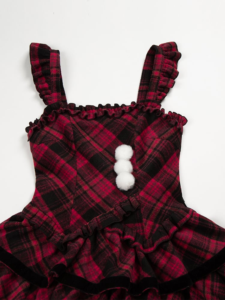 Red with and White Dress Black Winter Brooch Hemline Plaid Bow Plush Lolita Pattern