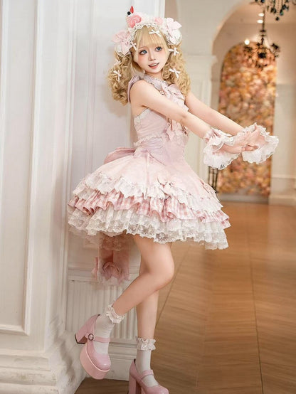 Set Accents Sweet Lolita Idol Pink Neck Bow Dress Halter Sakura / JSK Full
