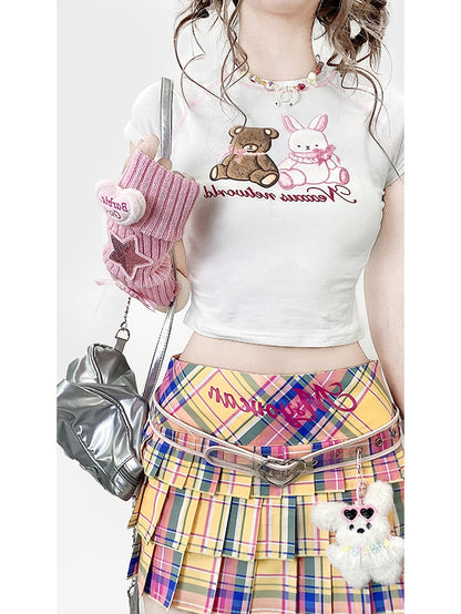 Bär Weißes Y2K T-Shirt und Buchstabendruck Hase