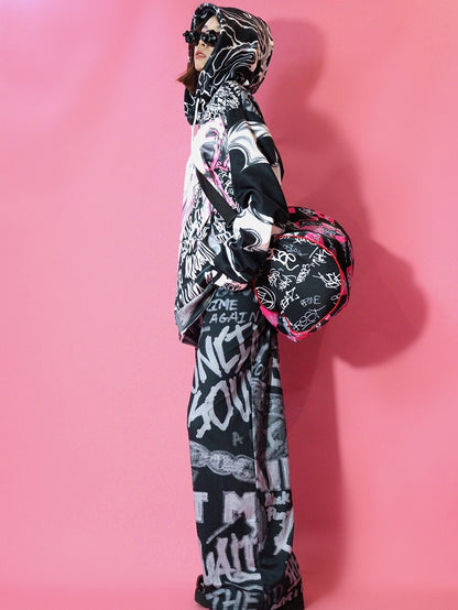 Letter Bow Black Gyaru Closure Hoodie Zip Print Big Pattern Fashion Bone