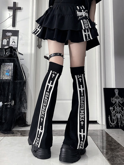Black Text with Detail Stripe Warmers Cross Leg White Gothic