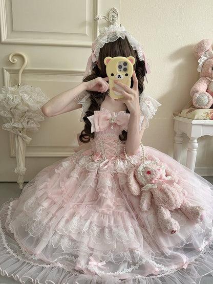 Lolita Multi-Layer Sweet Lace with Pink Details JSK Bows Rhinestone Dress Hanayome-Style