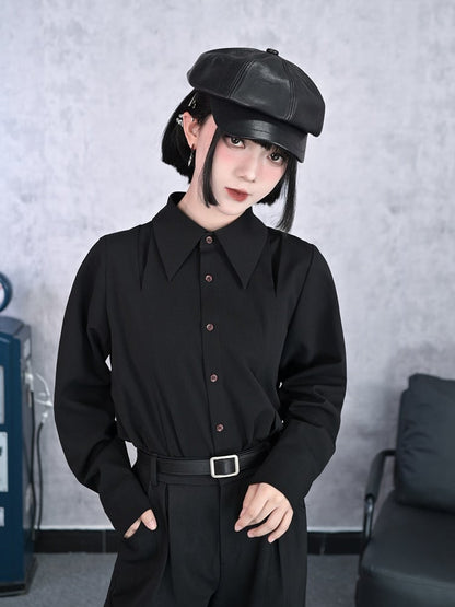 Shirt Long-Sleeve Gothic Contrast Placket Tie Pre-Tied Button Red with Black Cheongsam