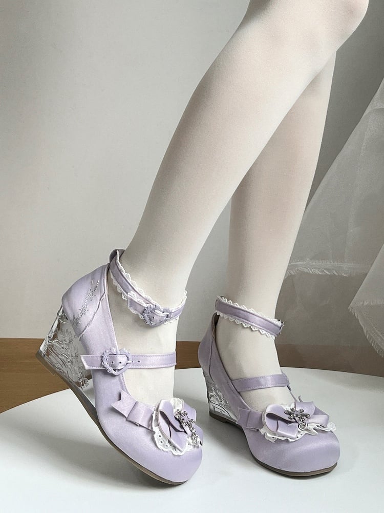 Purple Snow Theme Embossed Slope Heel Shoes with Bow Details - Vintage Sweetheart