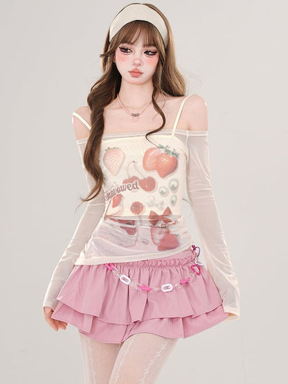 Rosa/Aprikose – Halbtransparentes, schulterfreies Top mit Erdbeer-Print und Camisole-Set
