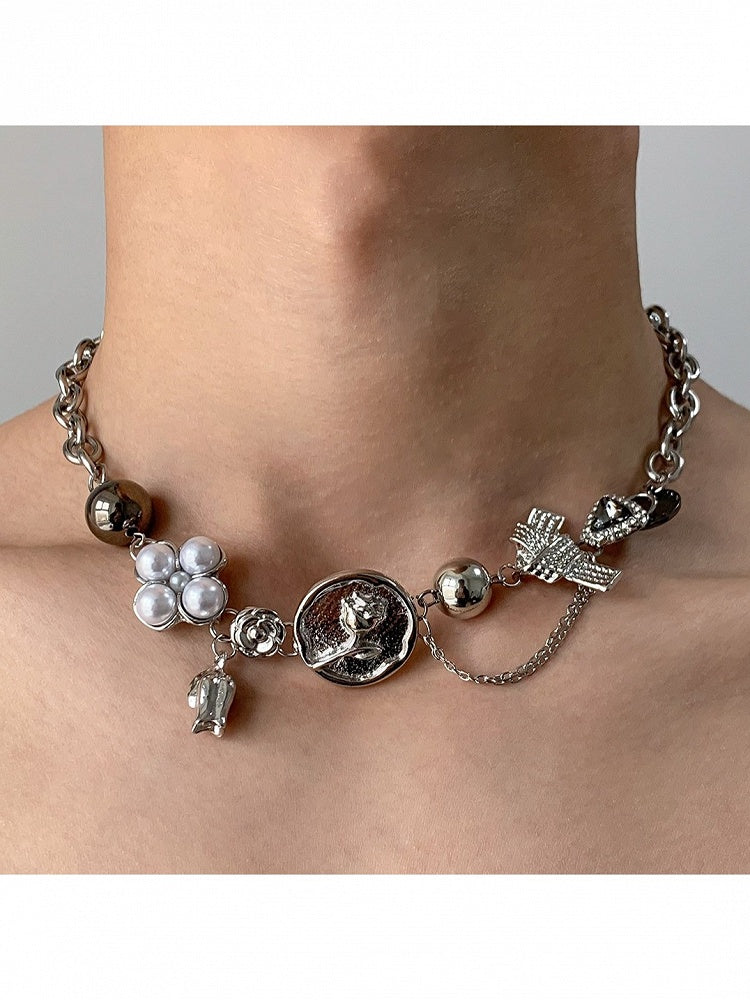Y2K Silver Chain Necklace with Floral Bead Decor - YSHXS