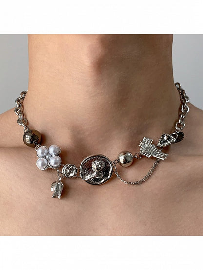 Y2K Silver Chain Necklace with Floral Bead Decor - YSHXS