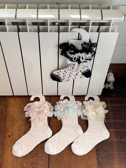 Yellow/Pink/Blue/Black Pattern Ankle Bowknot Beaded Trim Lace Socks Polka-dot