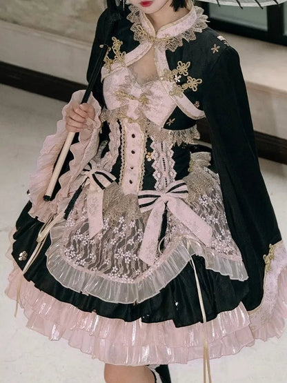 Black and Pink Corset Waist Qi Lolita Dress with Big Bow