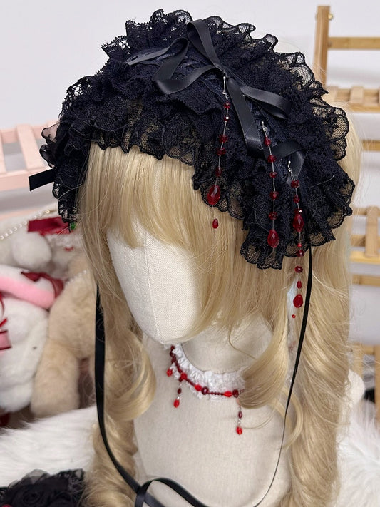 Red Ribbon Bow Bead Hairband Black Lace With Charms