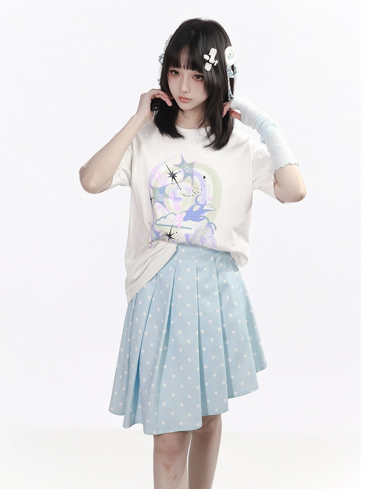 White Round Neck Short Sleeve T-Shirt with Nebula Print - PINK SAVIOR