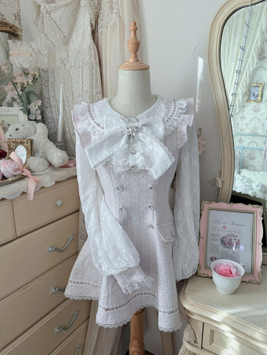 Tweed Set Long-Sleeve Pink Dress Kei Jirai Matching + Lace Fresh Shorts