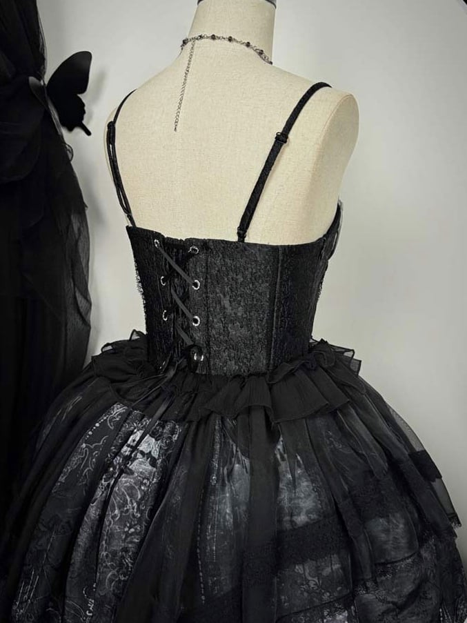 Print Butterfly Corset Spaghetti Ribs Straps Lolita Gothic Dress JSK and