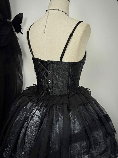 Print Butterfly Corset Spaghetti Ribs Straps Lolita Gothic Dress JSK and