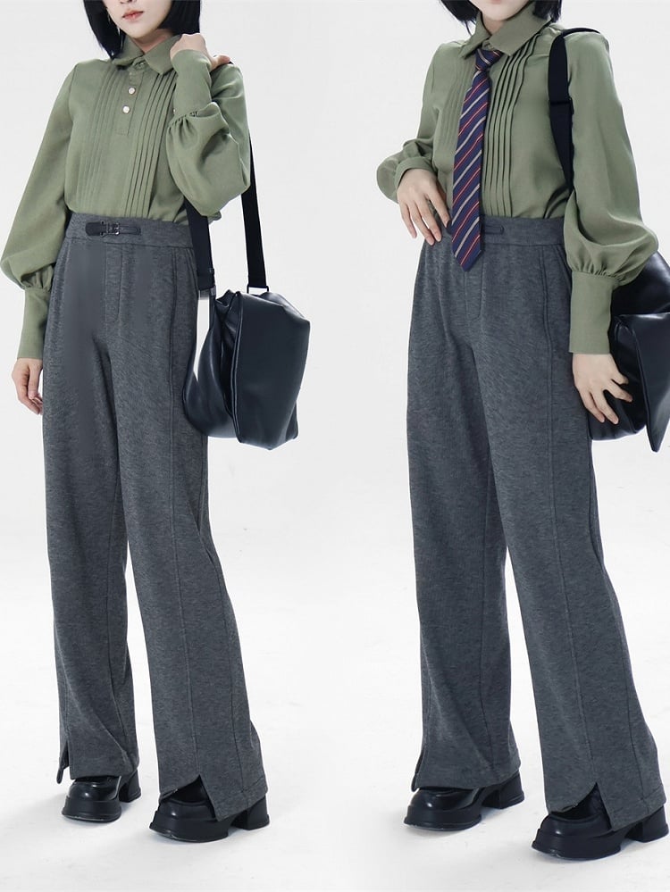 with Shirt Leg-of-Mutton Sleeves - Pleating Ouji Button Intricate Green Unisex Placket