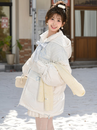 Alice in Wonderland Alice Tweed Patchwork White Hooded Down Jacket