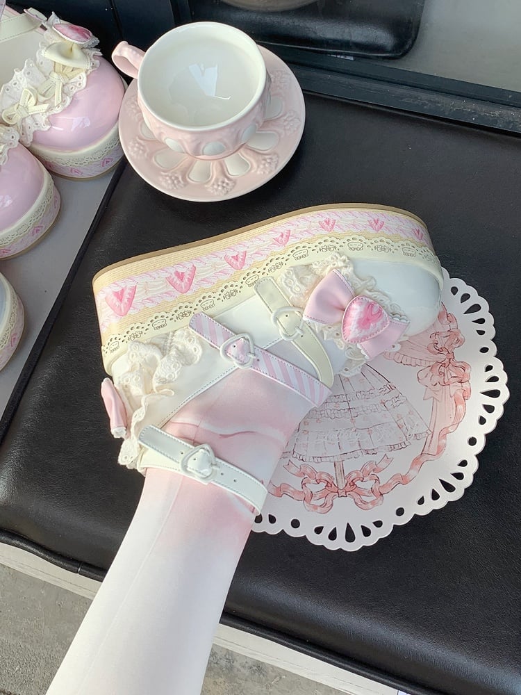 Sweet White Mary Jane Strawberry Chocolate Platforms Cake Lolita Shoes