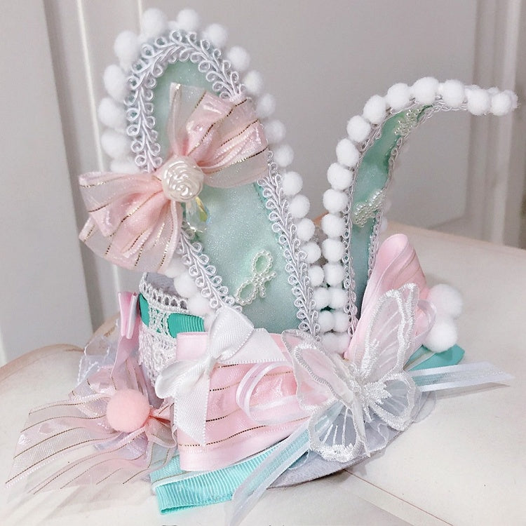 Hat Mini Lolita Bunny GreenPink Ears Butterfly Details Decorated Sweet Bowknot