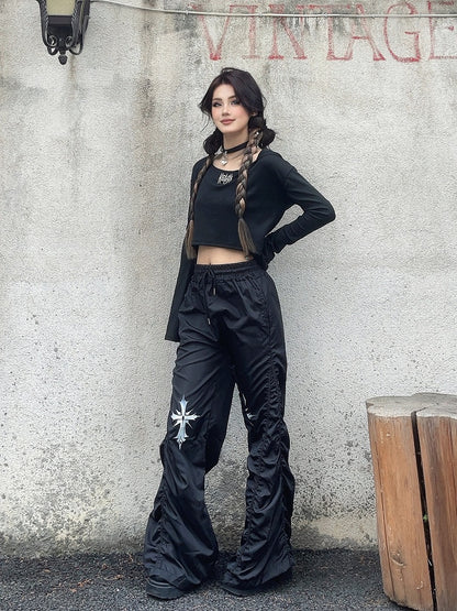 ウエストクロスプリントデザイン ドローストリング ブラック ルーシュ カジュアルパンツ