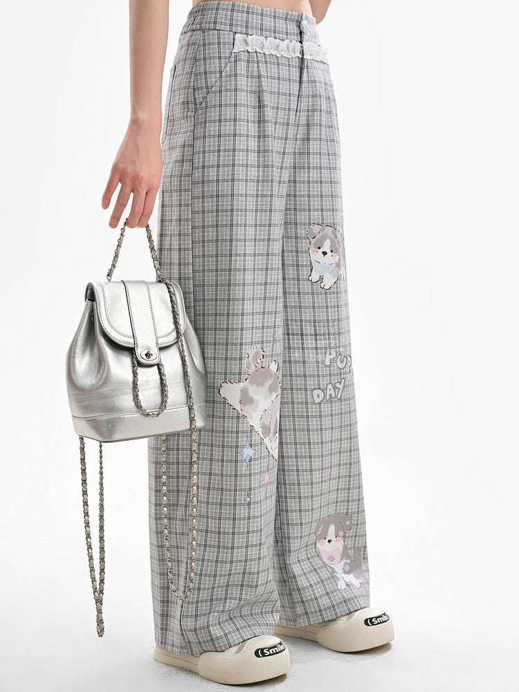 Normale/kurze Spitze, grau kariert, Welpen-Print, Herz-Knopf-Version, weites Bein, Hosenbesatz