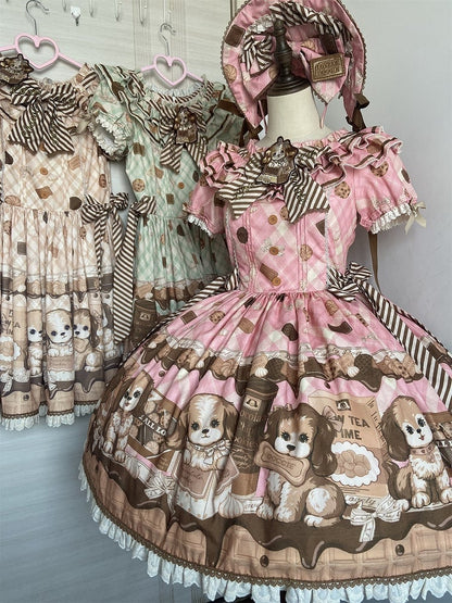 Süßes Lolita-Kleid mit kurzen Ärmeln und Welpen- und Keks-Print in Rosa