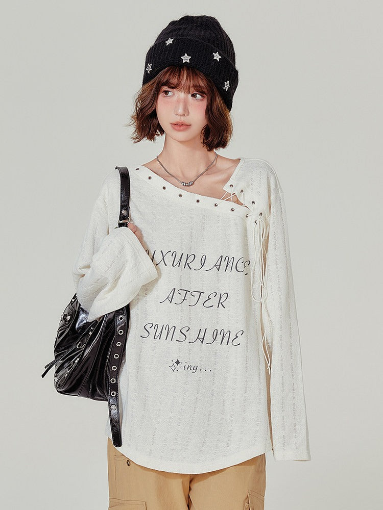 Retro Asymmetrical Neckline Design Apricot Long Sleeve T-Shirt - Girlyhalo