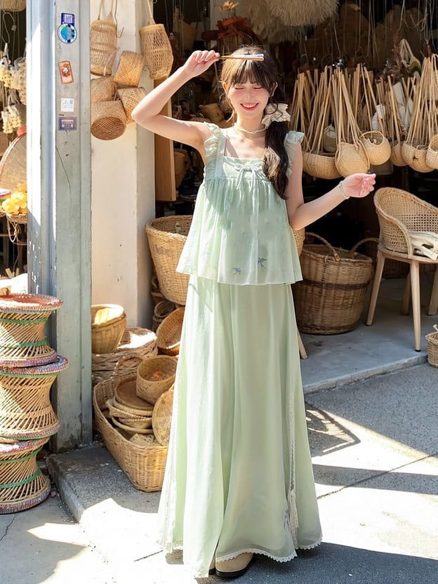 Grüne Flatterärmel mit Schwalben-Cheongsam-Print