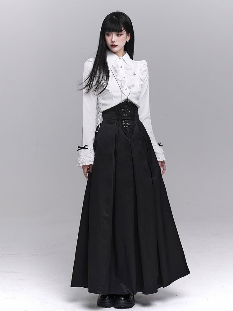 White Placket Waist Ruffled Adjustable Lace-up Goth with Blouse Victorian