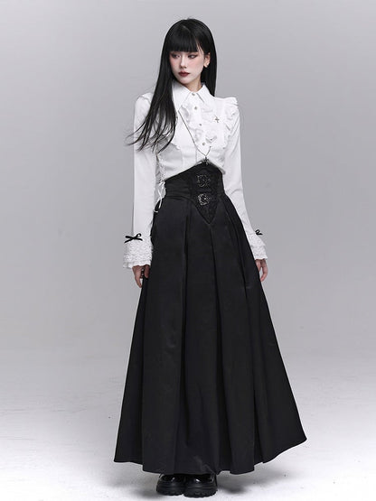 White Placket Waist Ruffled Adjustable Lace-up Goth with Blouse Victorian
